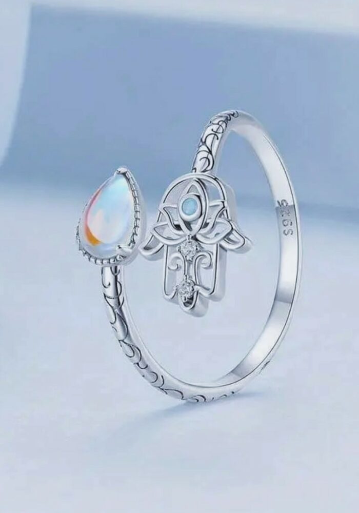 Regenbogen Mondstein (Labradorit) Ring mit Hamsa Symbol - Silber 4 Seelenbewusst