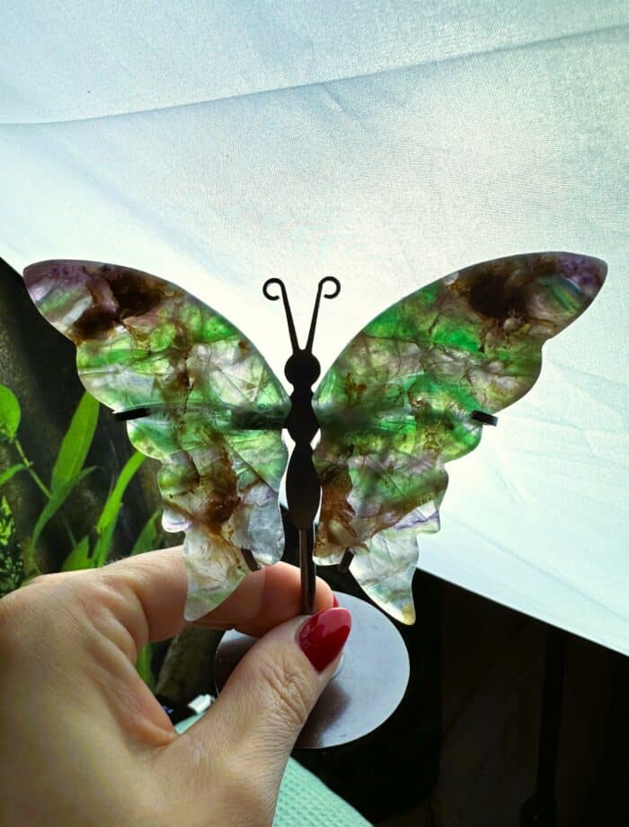 Regenbogenfluorit Schmetterling mit Ständer - Fokus 1 Seelenbewusst